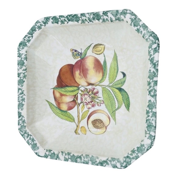 Vintage Serving Bowl Ceramic Octagon Peach Butterfly Floral Design Made in Italy - Picture 2 of 7